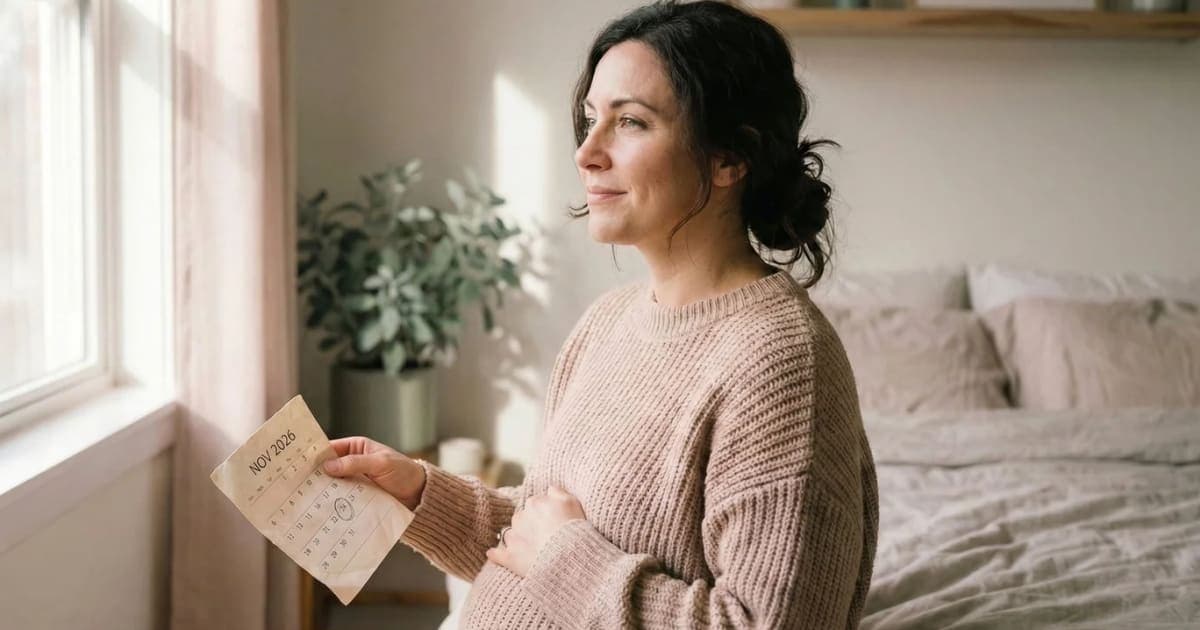 Woman noticing early pregnancy signs before a missed period while looking at a calendar at home