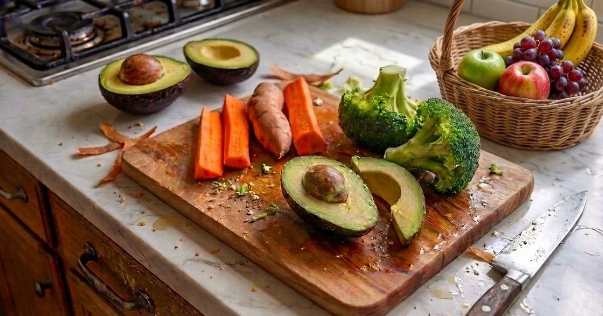 Steamed sweet potato sticks, avocado spears, broccoli florets, scrambled egg strips, and banana sliced for baby-led weaning on an olive wood cutting board