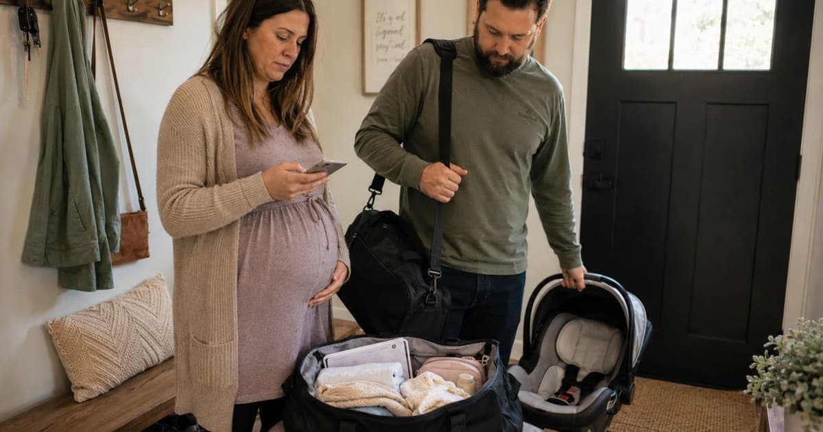 Expecting couple standing by the front door with a packed hospital bag, baby car seat, checklist, and essentials ready for labor and delivery.